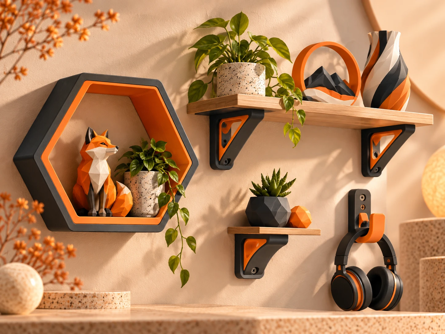 3D-printede hyller og veggfester i oransje, grå og svart